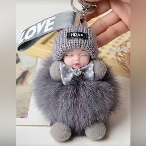 Cute Grey Pom-Pom Doll Keychain with 'LOVE' Strap